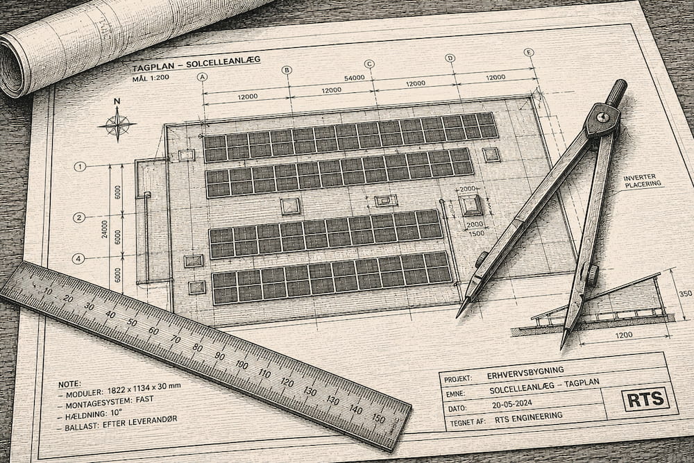 Håndtegnet illustration i træsnit-stil af en tagtegning med panelplan, lineal og passer.
