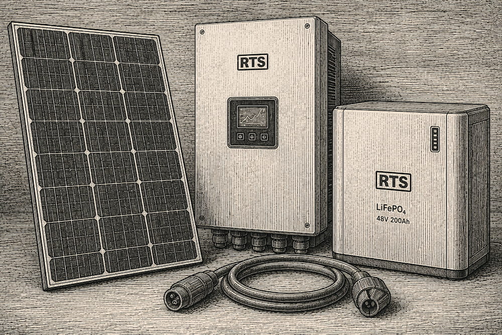 Håndtegnet illustration i træsnit-stil af solpanel, inverter, batteri og kabler.